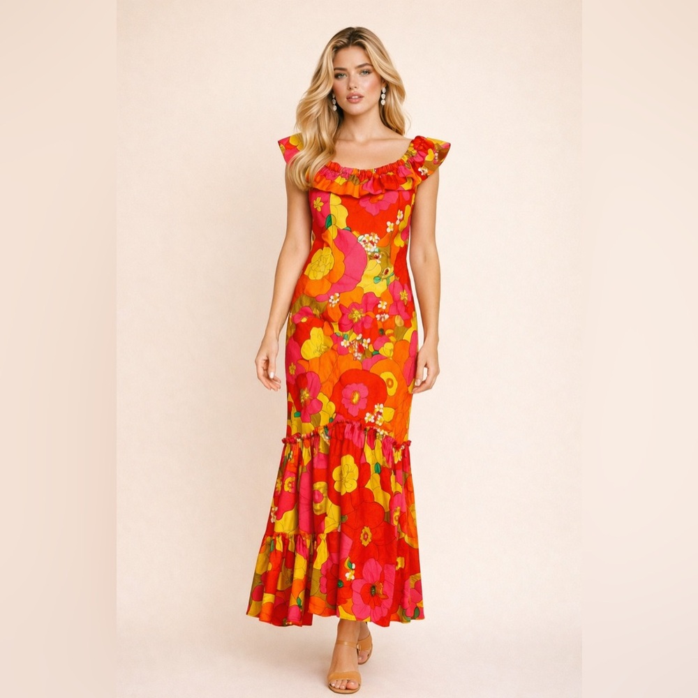 Rare Alice Polynesian Retro Vtg Bright Tropical Floral Ruffle Mermaid Gown Dress